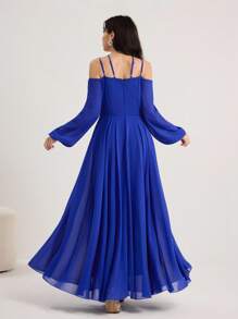 Modelyn Rochie elegantă de lungime medie pentru femei, cu decor floral 3D, albastru regal, rochie de seară formală albastră, rochie albastră cobalt, rochie lungă albastră, rochie formală cu umeri decupați, ținute lungi de vară pentru femei, rochii de seară de lux pentru femei, rochii de seară preppy pentru femei de toamnă, rochii de seară de lux pentru femei