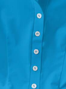 SHEIN Clasi Casual Solid Color Button Front T-Shirt, Versatile For Summer - Teal Blue - View 5