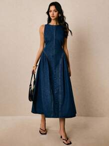 Poéselle 女式圆领无袖露背喇叭牛仔连衣裙，夏季时尚 - 深色水洗藍 - 查看 6