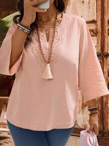 EMERY ROSE 大码女式休闲宽松简约粉色缺口衬衫，适合日常穿着波西米亚风衬衫 V 领女式衬衫秋季女式乡村音乐会、外出上衣