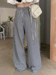 DAZY Women Elastic Waist Loose Plaid Casual Pants, Street & Urban Casual Trousers - Black - View 7