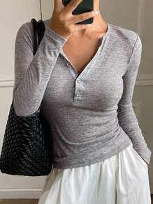 DAZY Women Round Neck Half-Button Closure Fitted Long Sleeve Casual T-Shirt,Fall Women Clothes