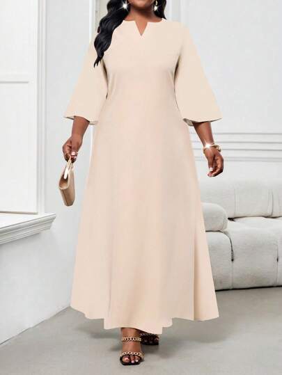 SHEIN Lady Vestido de fiesta talla grande de manga corta con escote en V para mujer, vestido holgado con efecto drapeado para fiesta, banquete nupcial o playa, vestido ajustado de cintura alta para mujer