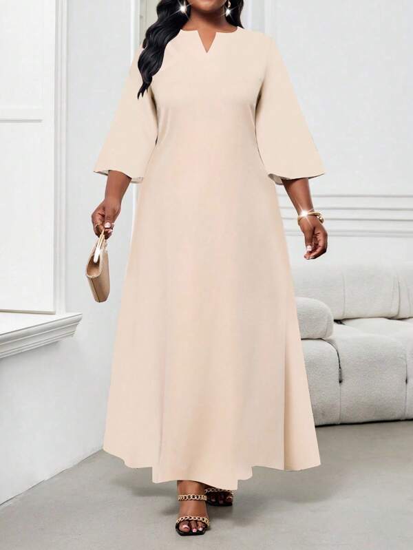 SHEIN Lady Feiertagskleid in Große Größen, beige Kurzarm Damen Kleid mit weitem Schnitt, Urlaubs-Bridal-Shower Kleid, Strandkleid für Damen mit hochgegürtetem tailliertem Schnitt, Sommerkleid