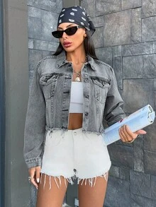 EURMUSE Jaqueta jeans cropped casual com bainha desfiada e lavagem - Cinza - Ver 4