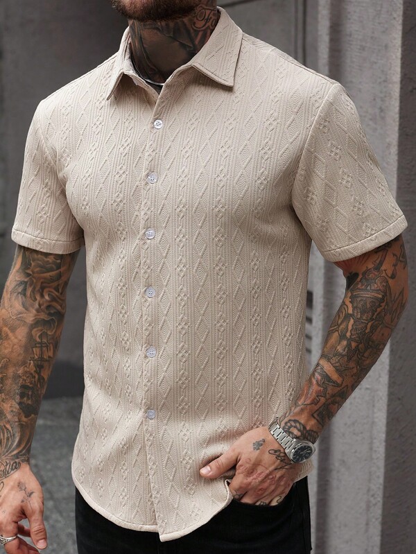 Manfinity Bizformal Men's Summer Casual Solid Color Textured Short Sleeve Shirt