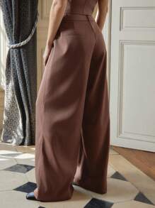 lacRébo 棕色修身阔腿裤，前褶低腰，教师装，办公室装 - 棕色 - 查看 3