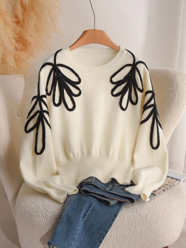 CosyJoli Plus Size Casual Hand Knit Floral Waist-Cinched Crew Neck Fitted Pullover Sweater
