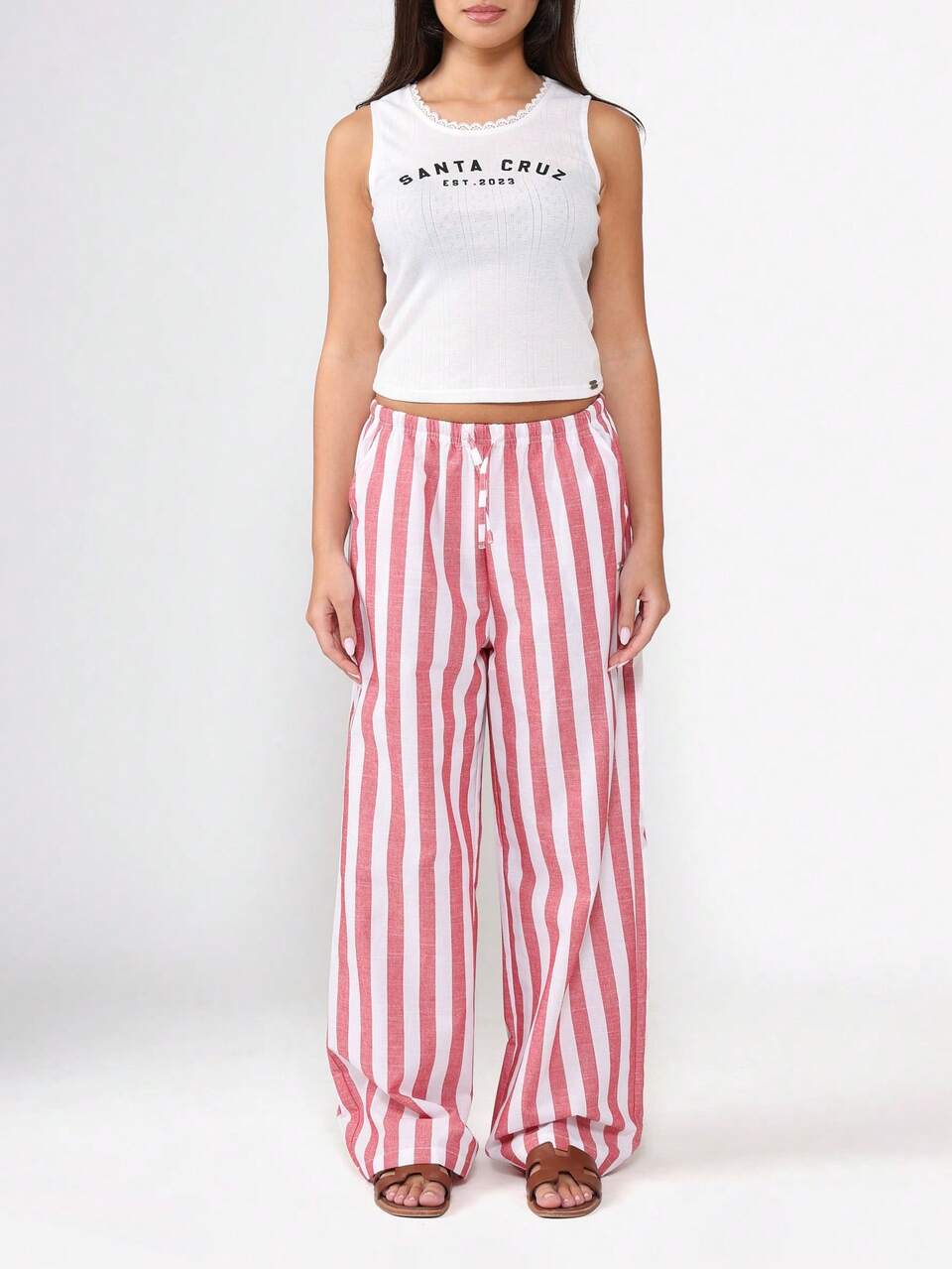 Wide Leg Linen Feel Pants With Vertical Stripes
