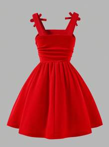 Sparklyn 大码女童无袖红色纹理面料连衣裙，3D 蝴蝶结装饰，腰部收褶，中长裙，奢华串珠工艺，优雅适合派对、聚会、休闲场合 - 紅色 - 查看 2