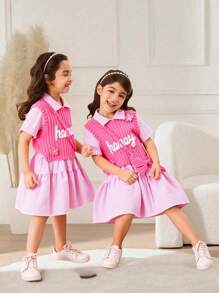 SHEIN Playful Pals Girls' Striped Woven Shirt Dress With Knit Fleece Vest, Embroidered English Text, Crochet Floral Accent Dress, Suitable For Everyday, Vacation, Party, Back To School