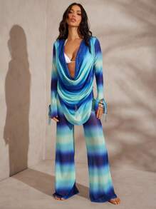 Hauture 女式性感夏季蓝绿色渐变条纹印花低领前开襟长袖沙滩装上衣 - 彩色 - 查看 3