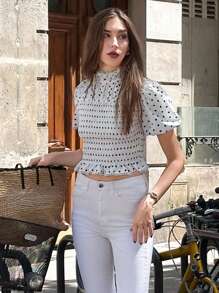 Pariaura French Vintage Romantic Round Neck Shirred Frill Trim Cinched Waist Black & White Polka Dot Short Sleeve Blouse Everyday Wear - Black and White - View 1