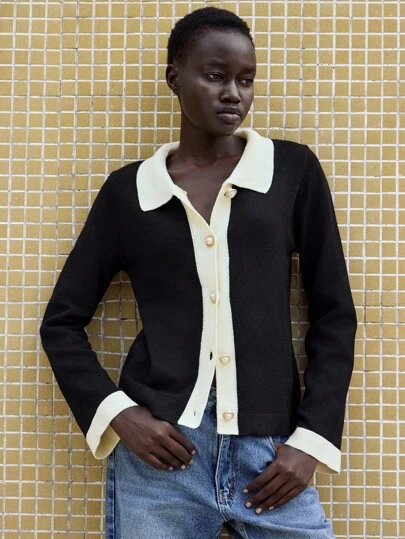 Lumivelle 女士黑米色撞色 Polo 领纽扣前开襟休闲针织开衫，适合大学穿着