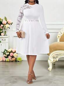 SHEIN Lady 2025 New Clothing Plus Size Women's Elegant Party Solid Color Lace Patchwork Midi Dress Easter Dress Women Graduation Dress Wedding Guest Dress Women Vacation Boho Cruise Outfits Women,Formal Dresses For Women Fall Women Clothes Back To School White Lace Dress Plus Size White Dress White Dress For Wedding Elegant White Dress Long Sleeve White Dress