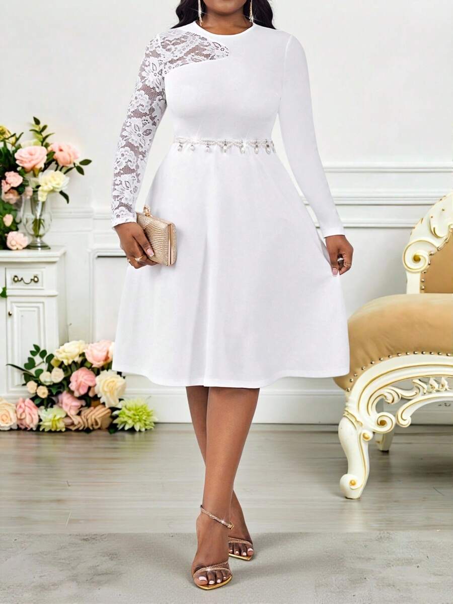 SHEIN Lady 2025 New Clothing Plus Size Women's Elegant Party Solid Color Lace Patchwork Midi Dress Easter Dress Women Graduation Dress Wedding Guest Dress Women Vacation Boho Cruise Outfits Women,Formal Dresses For Women Fall Women Clothes Back To School White Lace Dress Plus Size White Dress White Dress For Wedding Elegant White Dress Long Sleeve White Dress