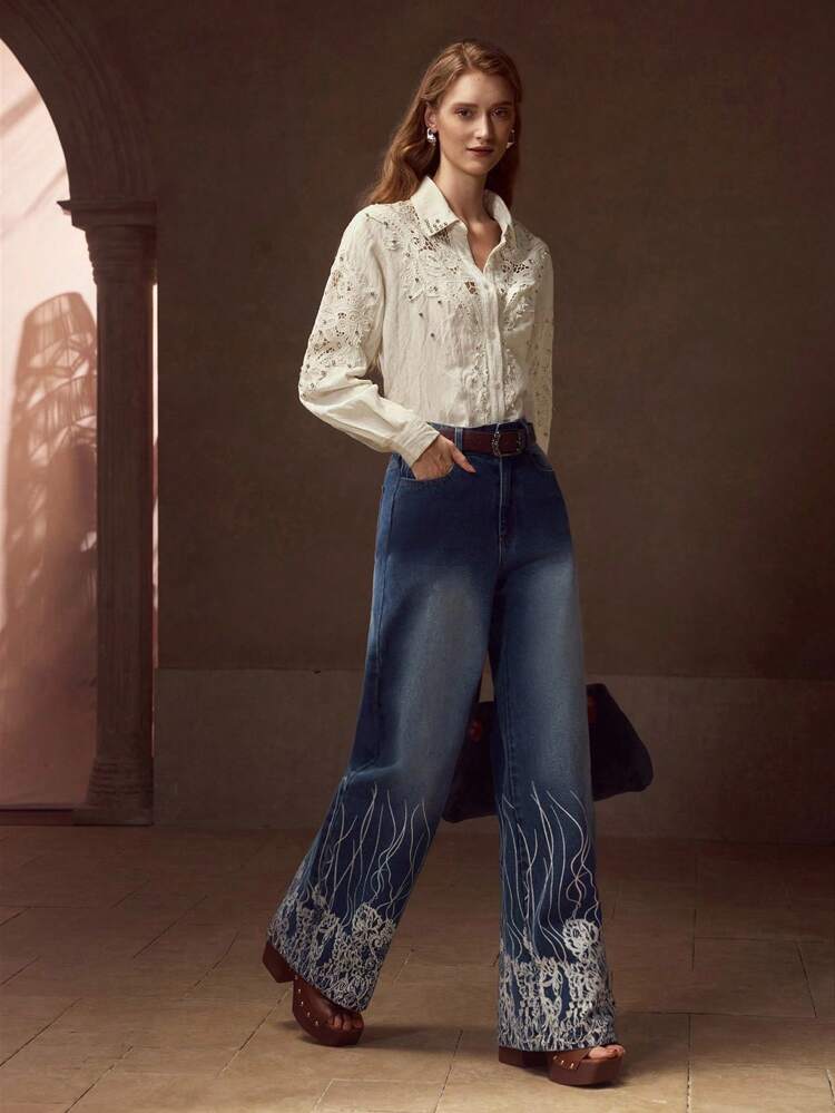 PLANTS PRINT STRAIGHT LEG JEANS FOR AUTUMN & WINTER