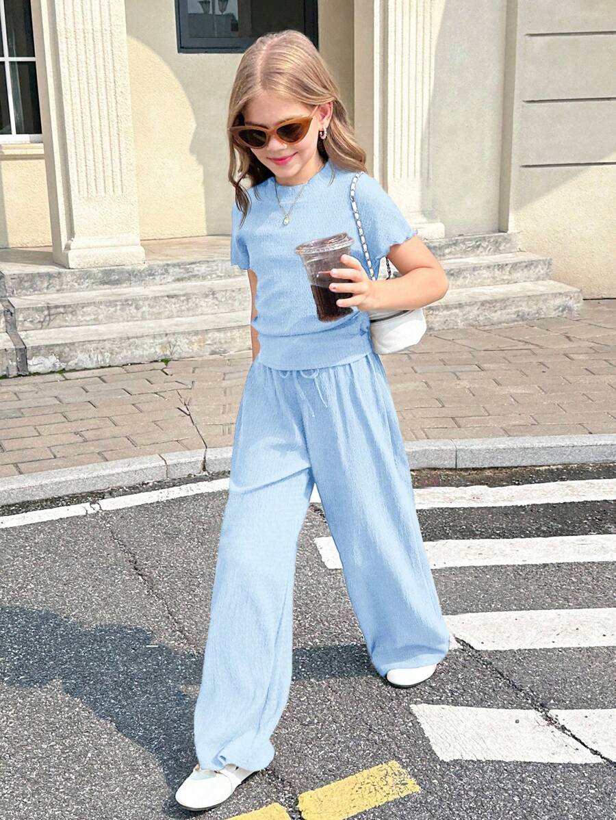 SHEIN 青少年女孩两件套：纯色纹理针织立领修身短袖 T 恤和阔腿裤 - 藍色 - 查看 1