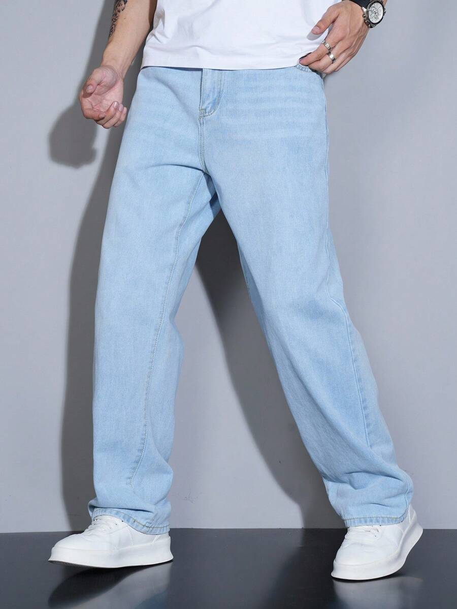Manfinity Homme 大码男士经典百搭简约休闲第五代水洗牛仔直筒牛仔裤，四季皆宜 - 淺色水洗藍 - 查看 1