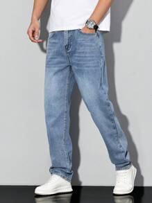 Manfinity Homme 大码男士浅蓝色牛仔裤，修身休闲长裤，适合所有季节