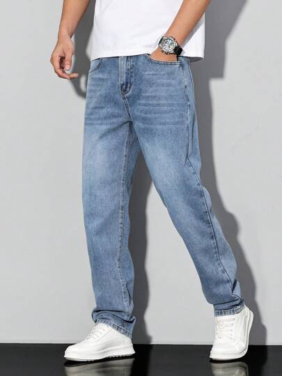 Manfinity Homme Plus Size Men's Light Blue Denim Jeans, Slim Fit, Casual Long Pants, Suitable For All Seasons