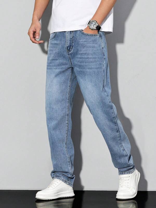 Manfinity Homme Plus Size Men's Light Blue Denim Jeans, Slim Fit, Casual Long Pants, Suitable For All Seasons