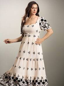 SHEIN LUNE Plus Size Women Floral Print Square Neck Maxi Elegant Dress, Spring/Summer - Apricot - View 1