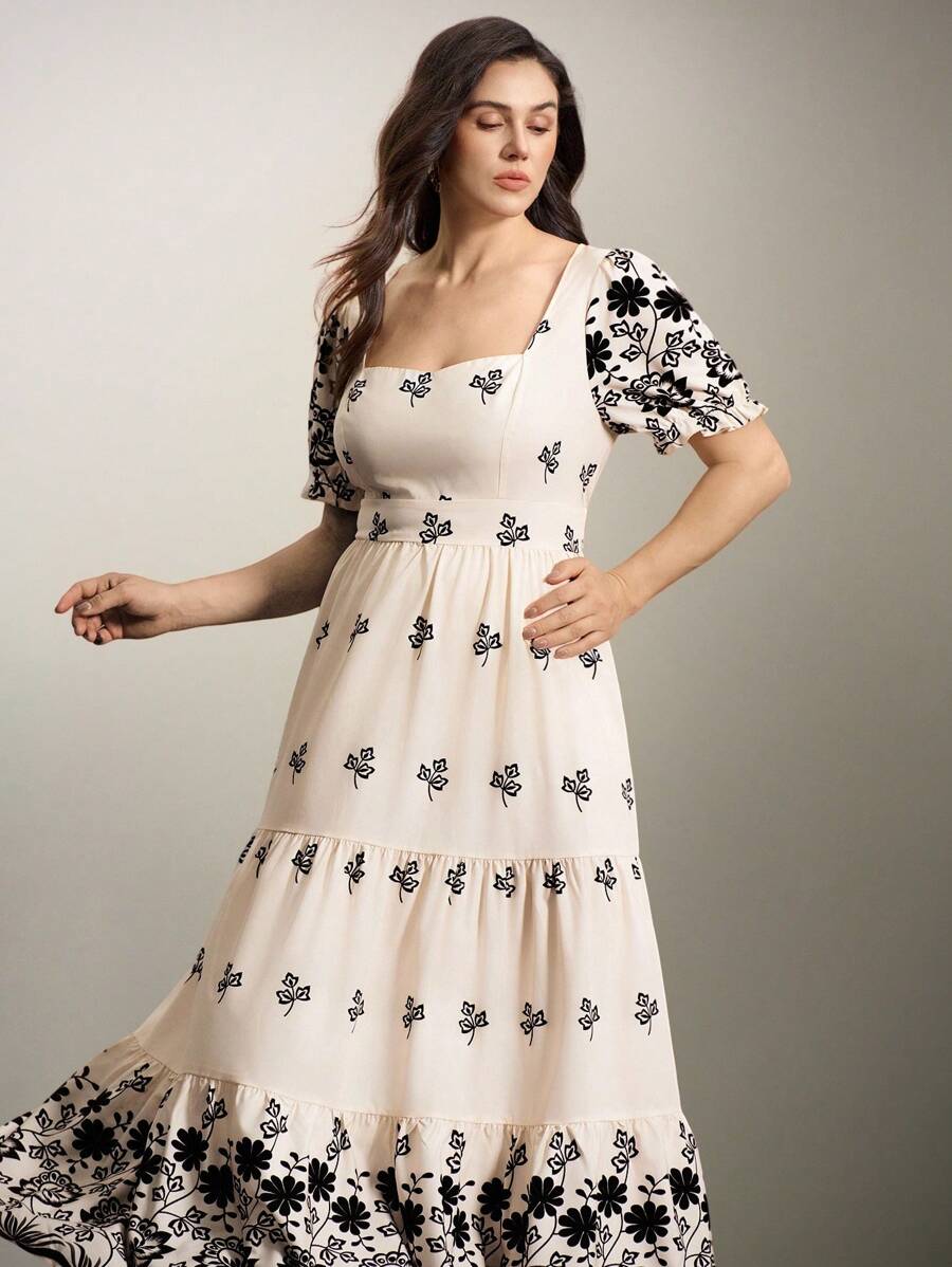 SHEIN LUNE Plus Size Women Floral Print Square Neck Maxi Elegant Dress, Spring/Summer - Apricot - View 1