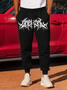 Manfinity Dauomo Men's Gothic Letter Print Drawstring Waist Jogger Sweatpants, For Rave, Emo - Black - View 3