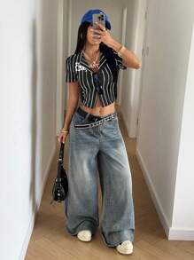 StreetHx Áo sơ mi tay ngắn in chữ kẻ sọc giản dị phong cách đường phố dành cho nữ - màu đen - Xem 1