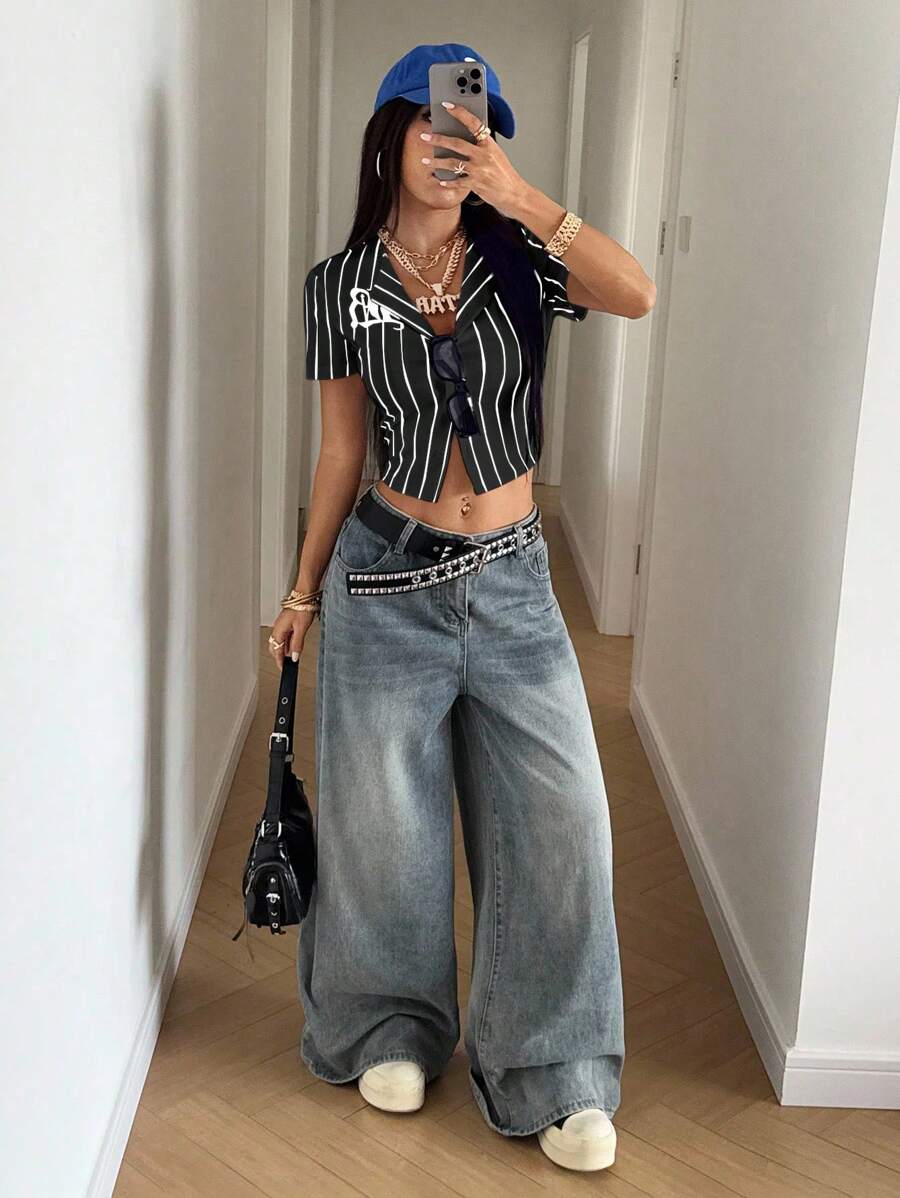 StreetHx Áo sơ mi tay ngắn in chữ kẻ sọc giản dị phong cách đường phố dành cho nữ - màu đen - Xem 1