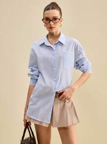 Muvela 2025 秋季新款休闲时尚百搭简约日常蓝色条纹 Y2K 乡村音乐复古街头休闲办公室约会派对郊游机场返校秋季女衬衫 - 彩色 - 查看 1