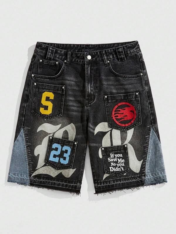 ROMWE MEN Street Life Men's Embroidered Patchwork Multi-Pocket Denim Shorts