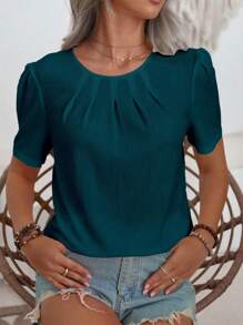 SHEIN LUNE Camisa de manga abullonada fruncida de unicolor casual de verano - Agua verde azul - Ver 4