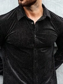 Manfinity Homme 男士长袖单排扣衬衫和裤子套装，成熟街头风格纹理宽松男士黑色两件套男士两件套西装套装男士黑色服装针织两件套男士男士两件套运动服男士两件套西装套装长袖配裤子男士黑色天鹅绒运动服 - 黑色 - 查看 4