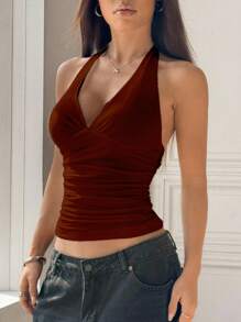 SHEIN Unity Women's White V-Neck Sleeveless Boho Halter Neck Ruched Mesh Tank Top, Casual & Sexy Ladies Summer Top