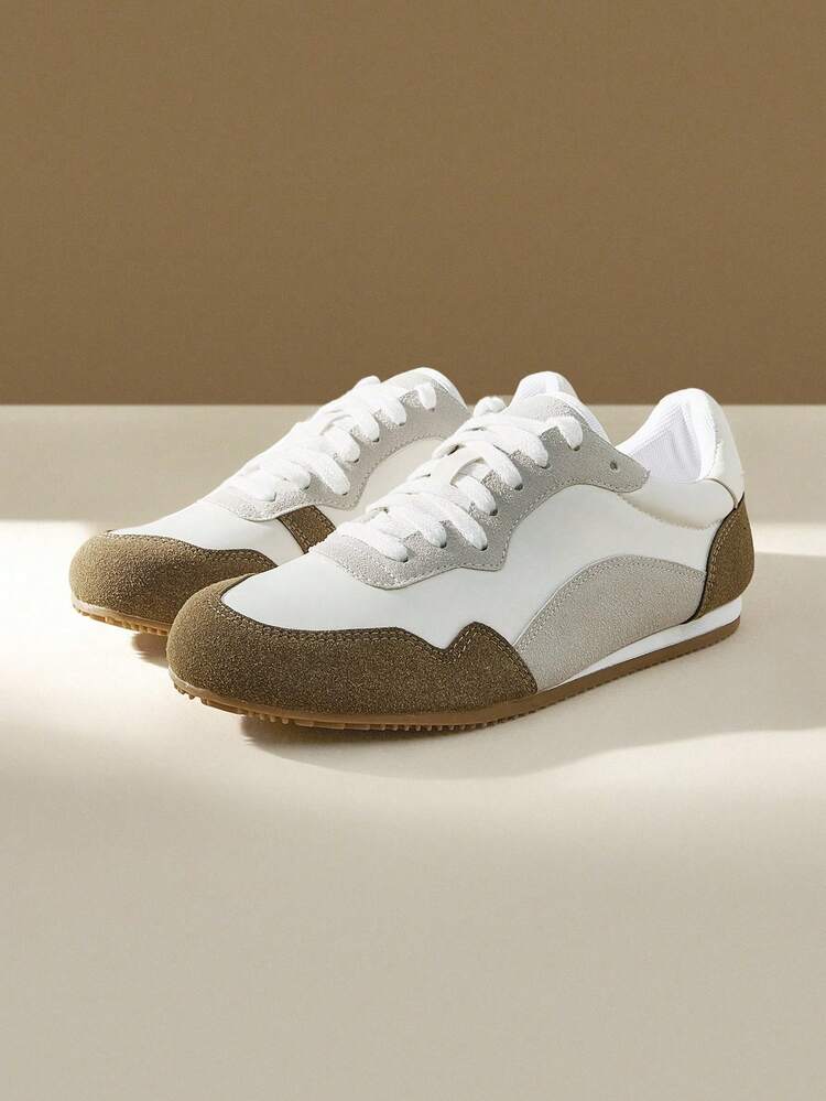 CUCCOO EASI Women Patchwork Colorblock Casual Round Toe Flat Athletic Sneakers, PU Leather Brown Everyday Outdoor Sporty Shoes