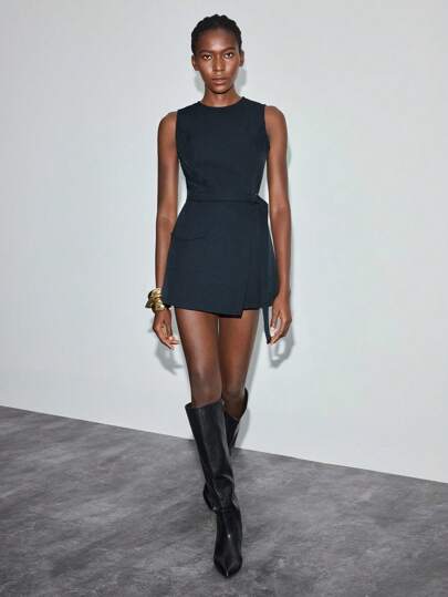 Maija Plain Navy Blue Short Jumpsuit With Classic Round Neck And Modern Casual Style Dark Blue Dress Mini Dress Sleeveless Dress