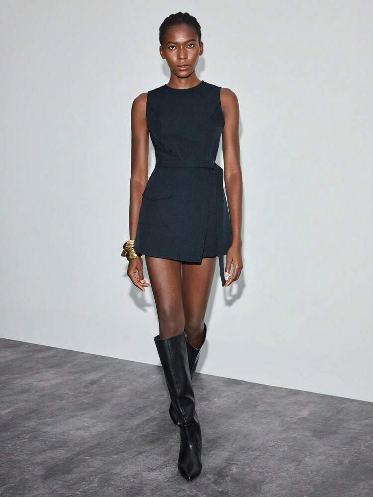 SHEIN Maija Outfit Deas For Dress,Plain Navy Blue Short Jumpsuit With Classic Round Neck And Modern Casual Style Dark Blue Dress Mini Dress Sleeveless Dress,Summer Clothes ,Office Outfits For Women , Office Attire For Women, Office Wear Women,Casual Business Outfit,