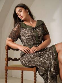 Anewsta Đầm ren dài vừa phải tay ngắn cổ chữ V thắt eo cỡ lớn cho nữ - xanh quân đội - Xem 6