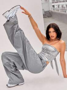 GLOWMODE Quần bó Studio Flow có túi dệt, cạp chun, có thể điều chỉnh độ mở ống quần, phản quang, rộng thùng thình, quá khổ, khiêu vũ, yoga, pilates, barre, trang phục thường ngày hàng ngày của Studio - Xám - Xem 7