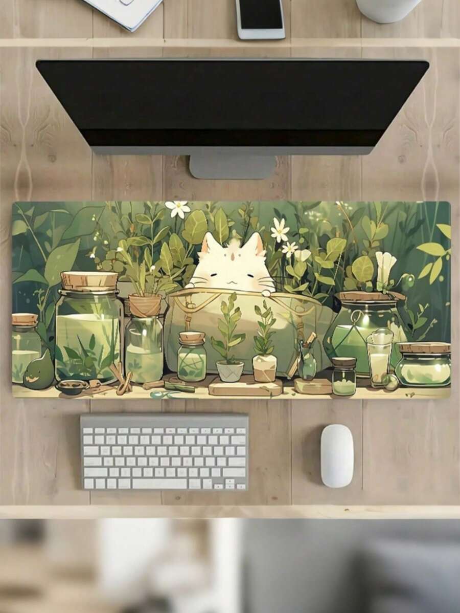 SHEIN 1 tấm lót chuột hình mèo cây xanh dễ thương hoạt hình cỡ lớn cho bàn làm việc Phụ kiện bàn làm việc văn phòng có viền khâu chống trượt XL Tấm lót chuột đế cao su 35,4x15,7 inch cho văn phòng tại nhà Quà tặng cho phụ nữ khi trở lại trường - mèo trắng - Xem 1