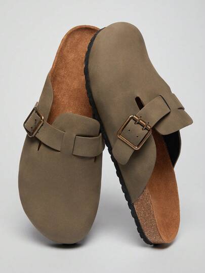 SHUZIA Zuecos con plantilla de corcho con puntera redonda, correa con hebilla y soporte de arco cómodo para hombres