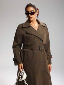 LYSMO Plus Size Solid Color Front Button Closure Long Sleeve Stand Collar Casual Trench Coat Winter Fall Autumn - Coffee Brown - View 6