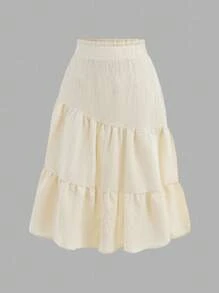 SHEIN Girlism 少女纯色宽松休闲百褶长裙，度假风 - 杏色 - 查看 1