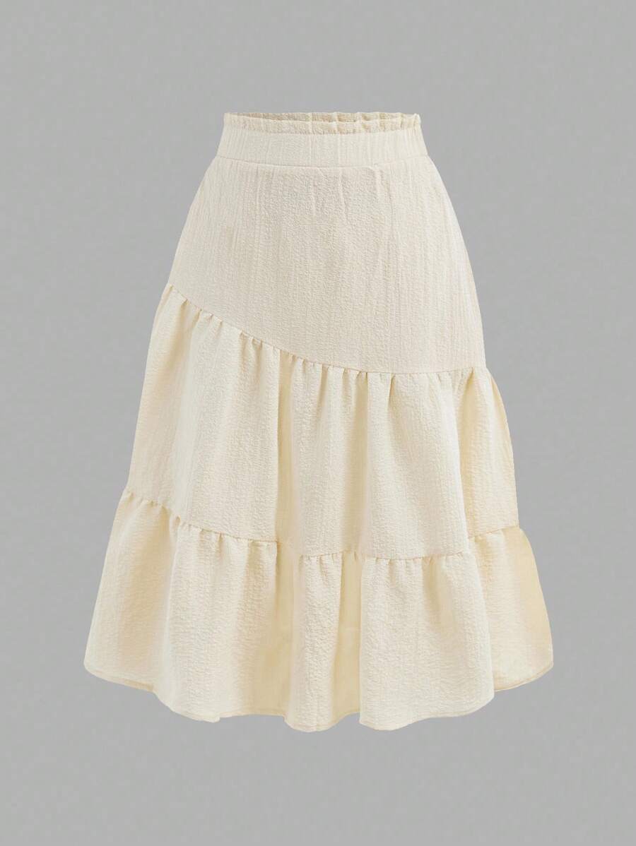 SHEIN Girlism 少女纯色宽松休闲百褶长裙，度假风 - 杏色 - 查看 1