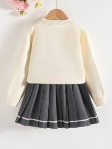 SHEIN 秋冬宽松舒适少女圆领长袖毛衣和纯色裙子套装 - 卡其色 - 查看 7
