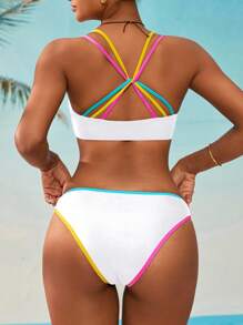 Swim SPRTY Women's Contrast Trim Vacation Beach Swimsuit Set For Summer - White - View 2