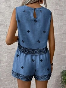 SHEIN LUNE 2pcs/Set Women Casual Summer Sleeveless Top And Shorts Set