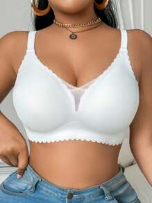 SHEIN Fashionable Minimalist Solid Color Comfy Seamless Lace Patchwork Wireless Wide Strap Pullover Ruffle Trim Thin Padded Plus Size Women Bra - White - View 6